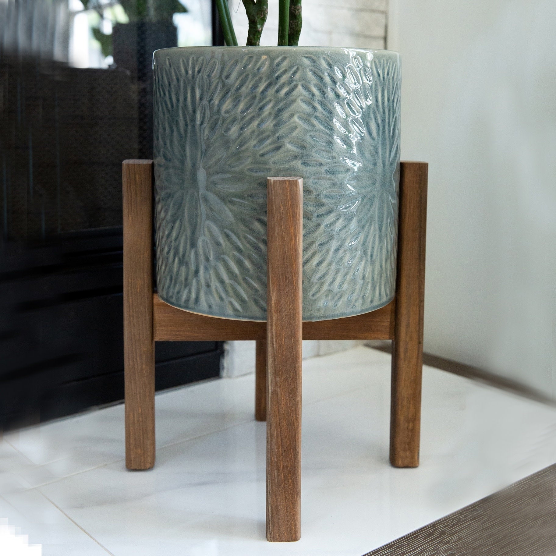 Sunburst Ceramic Planter On Wood Stand - Large