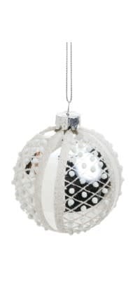 Glass Orn Ball, Stripes/Dots, Silver