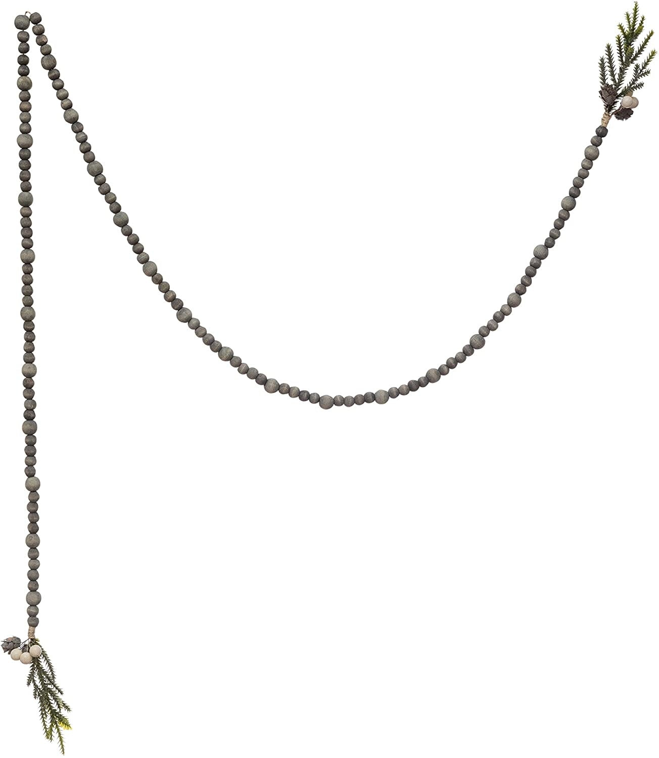 PAULOWNIA WOOD BEAD GARLAND W/ FAUX PINE GREENERY TASSEL, GREY WASH