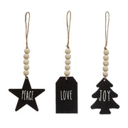 PAULOWNIA WOOD ORNAMENT W/ BEADS, BLACK & NATURAL