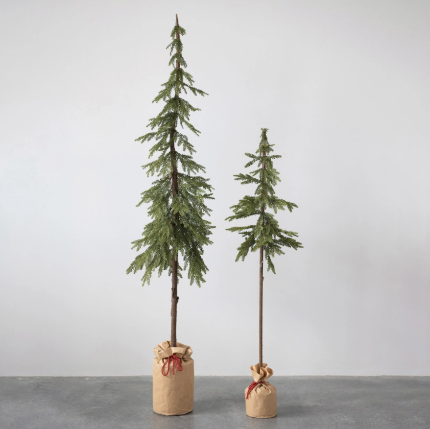 FAUX POLE PINE TREE IN PAPER SACK W/ RED TIE, 81"H