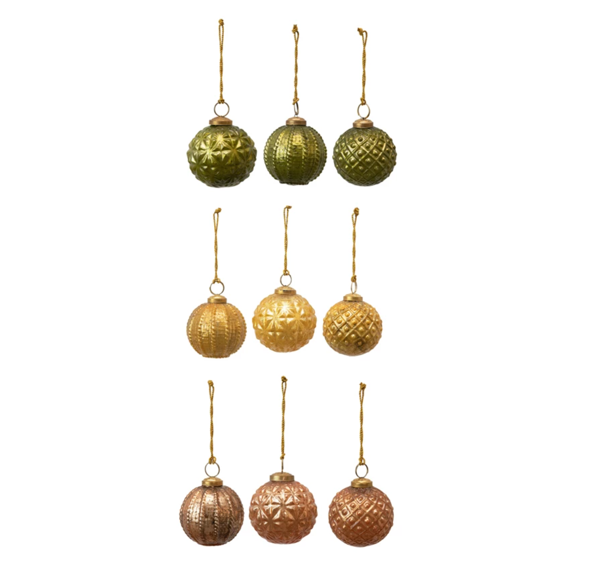ROUND EMBOSSED GLASS ORNAMENTS IN KRAFT BOX, SET OF 3, 3"