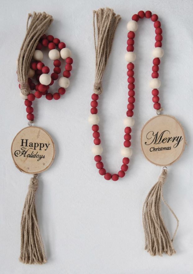 Paulownia Wood Bead Garland w/ Wood Slice & Jute Tassels