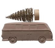 PINK FLOCKED RESIN VINTAGE BUS W/ BOTTLE BRUSH TREE & LED LIGHTS