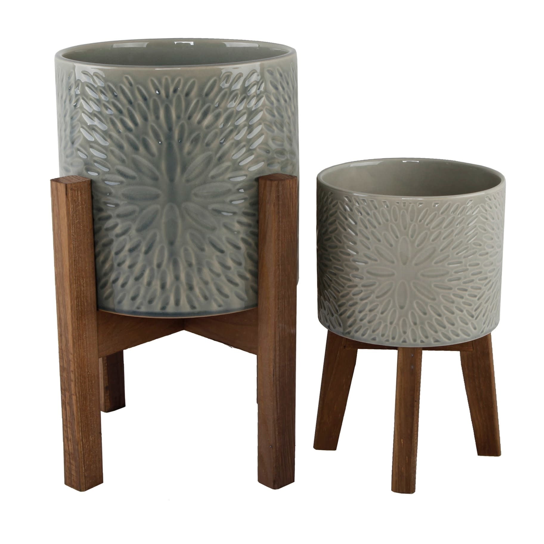 Sunburst Ceramic Planter On Wood Stand - Small