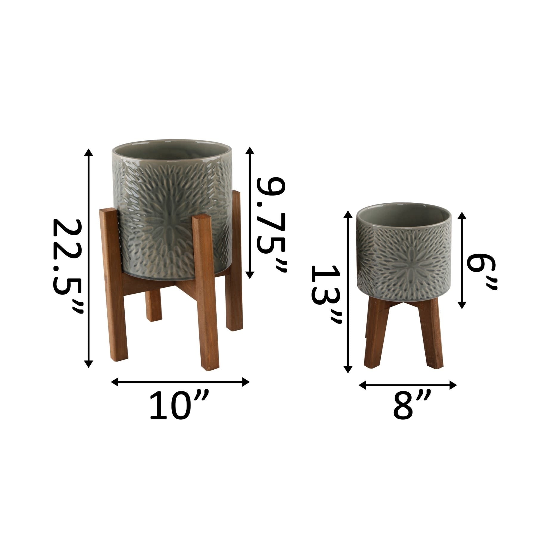 Sunburst Ceramic Planter On Wood Stand - Small