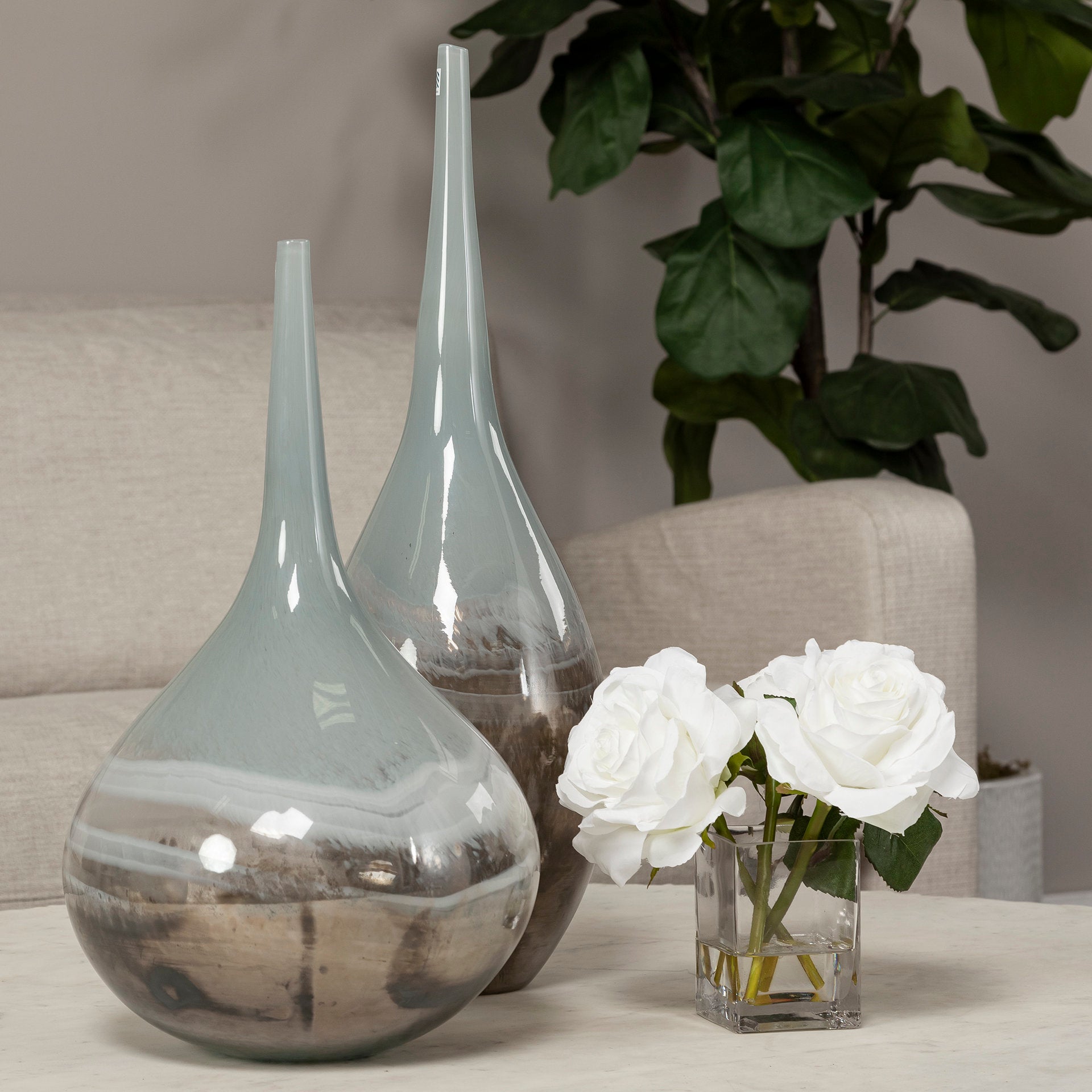 Erie I Short Two Toned Sky Blue Dark Brown Blown Glass Vase