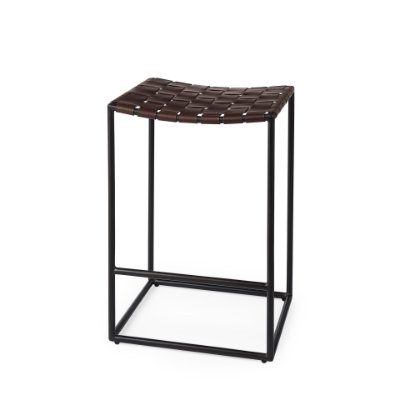 Clarissa 18.0L x 16.0W x 26.25H Dark Brown Woven Leather Seat W/ Black Iron Frame Counter Stool
