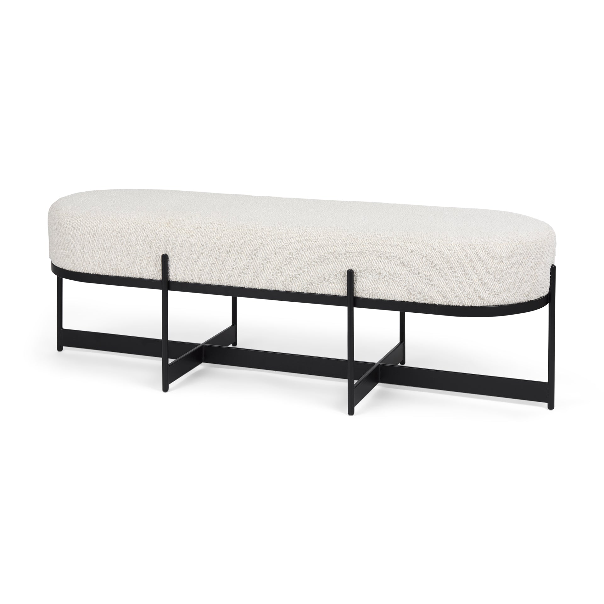Amelia 55.0L x 18.0W x 18.0H Cream Boucle W/Black Metal Upholstered Bench