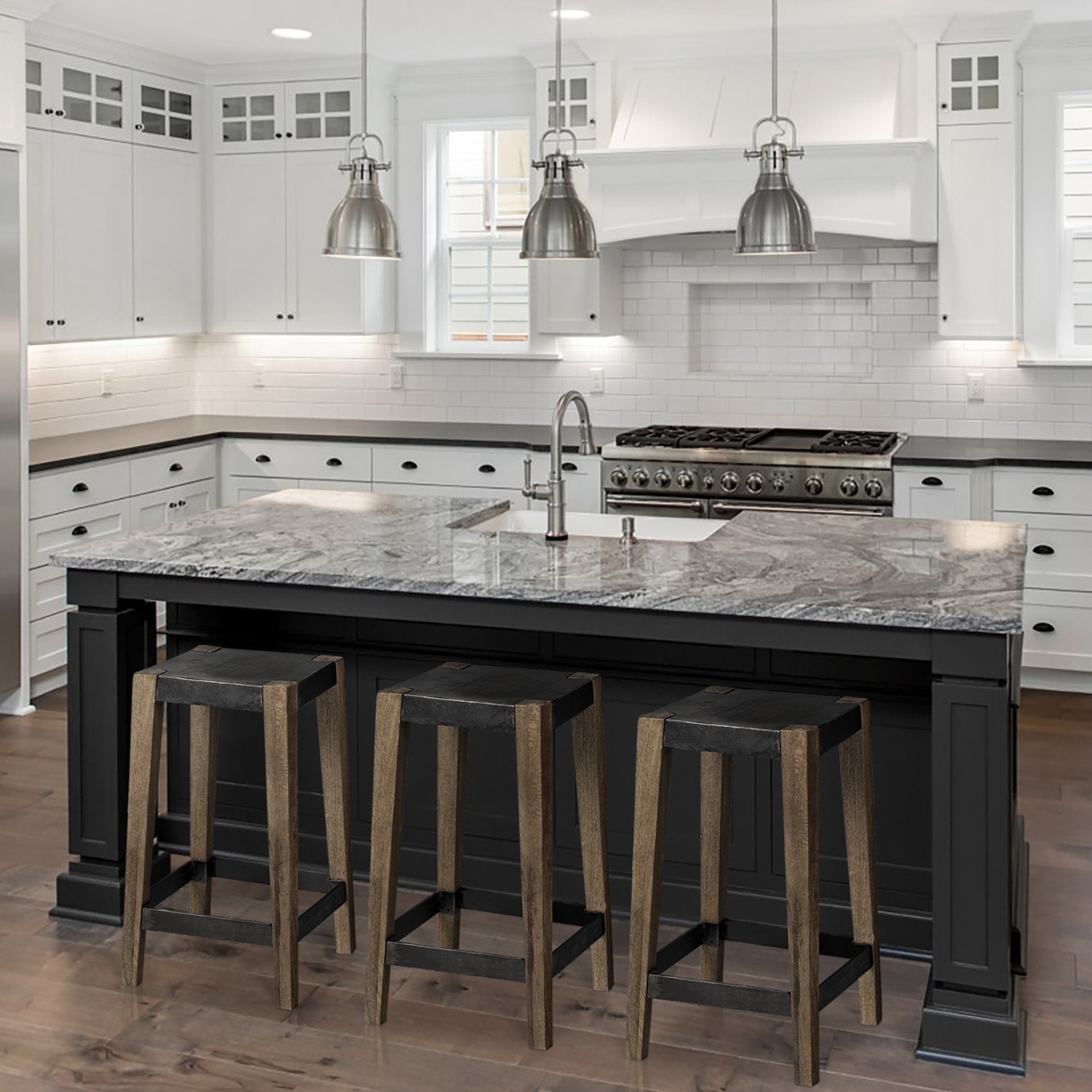 Nell 30" Seat Height Black Metal Seat & Foot Rest With Brown Wood Legs Stool