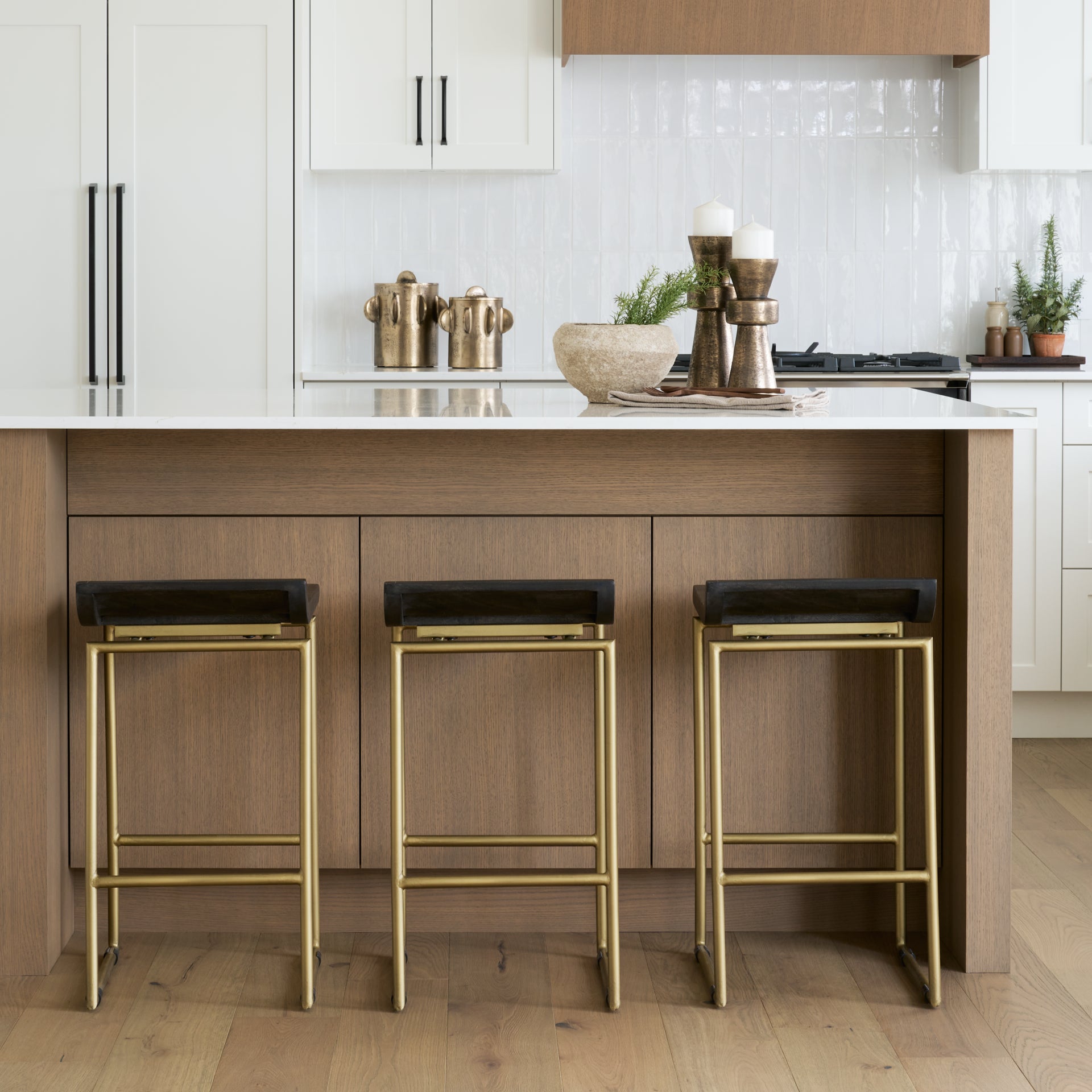 Givens 24.25"H Seat Height Brown Wood Seat Gold Metal Frame Stool