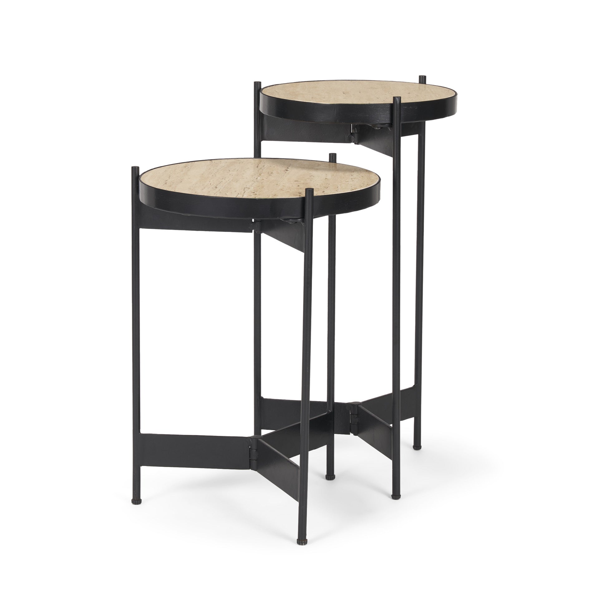 Wade Travertine Marble w/ Matte Black Metal End Tables