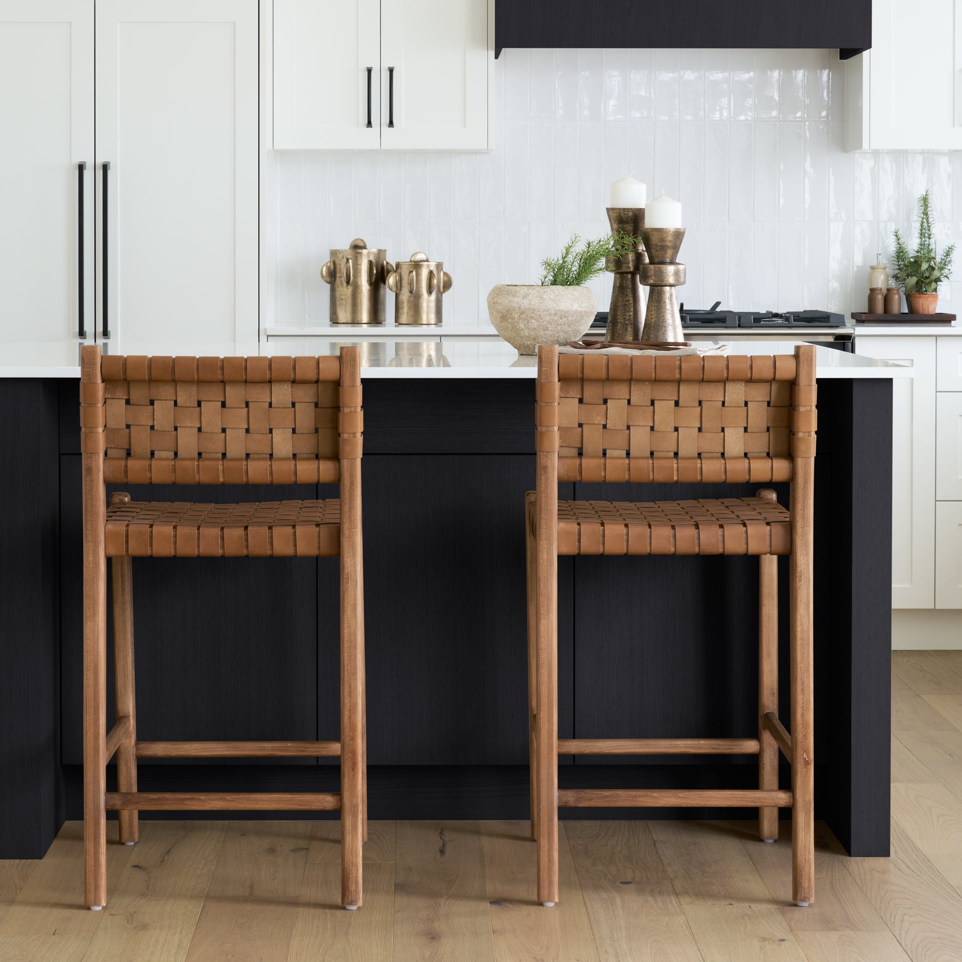 Shane Brown Wood w/ Woven Brown Leather Counter Stool