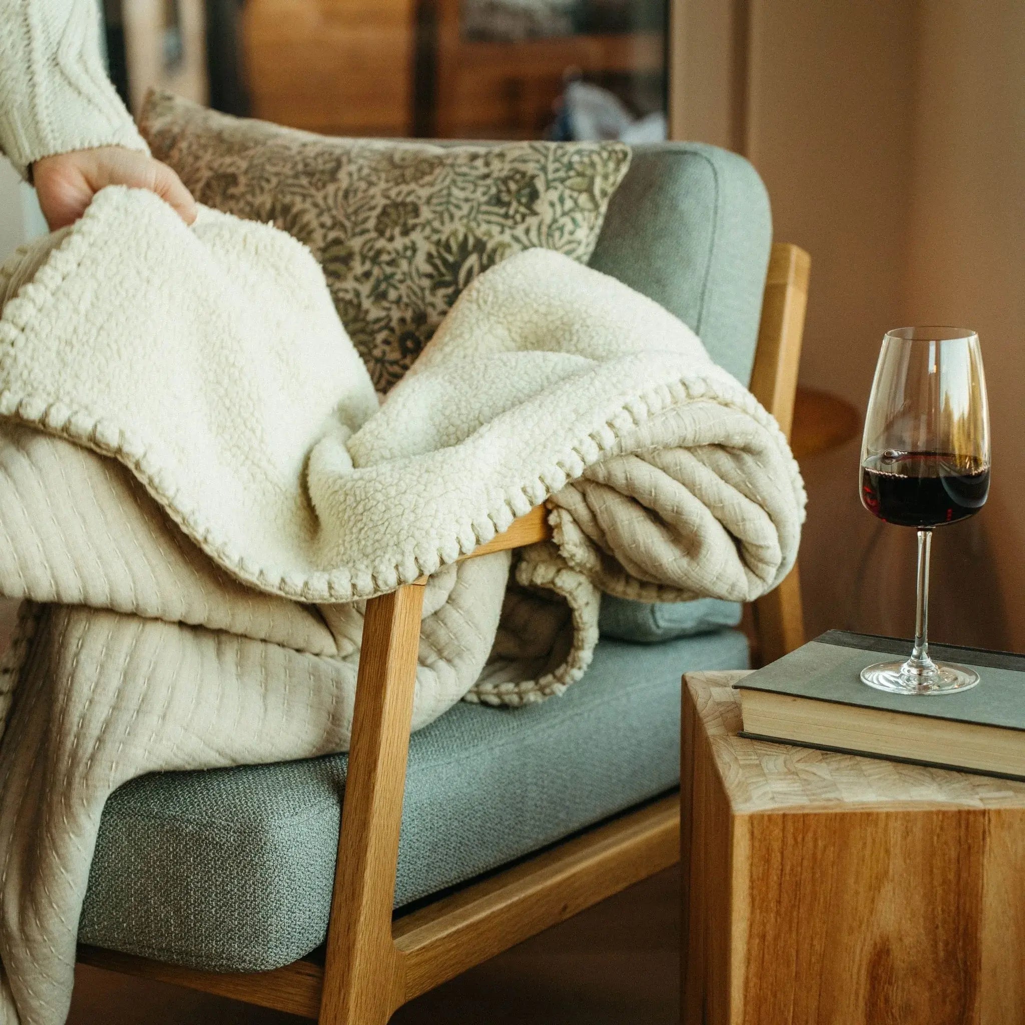 Kantha-Stitch Sherpa Throw - Natural