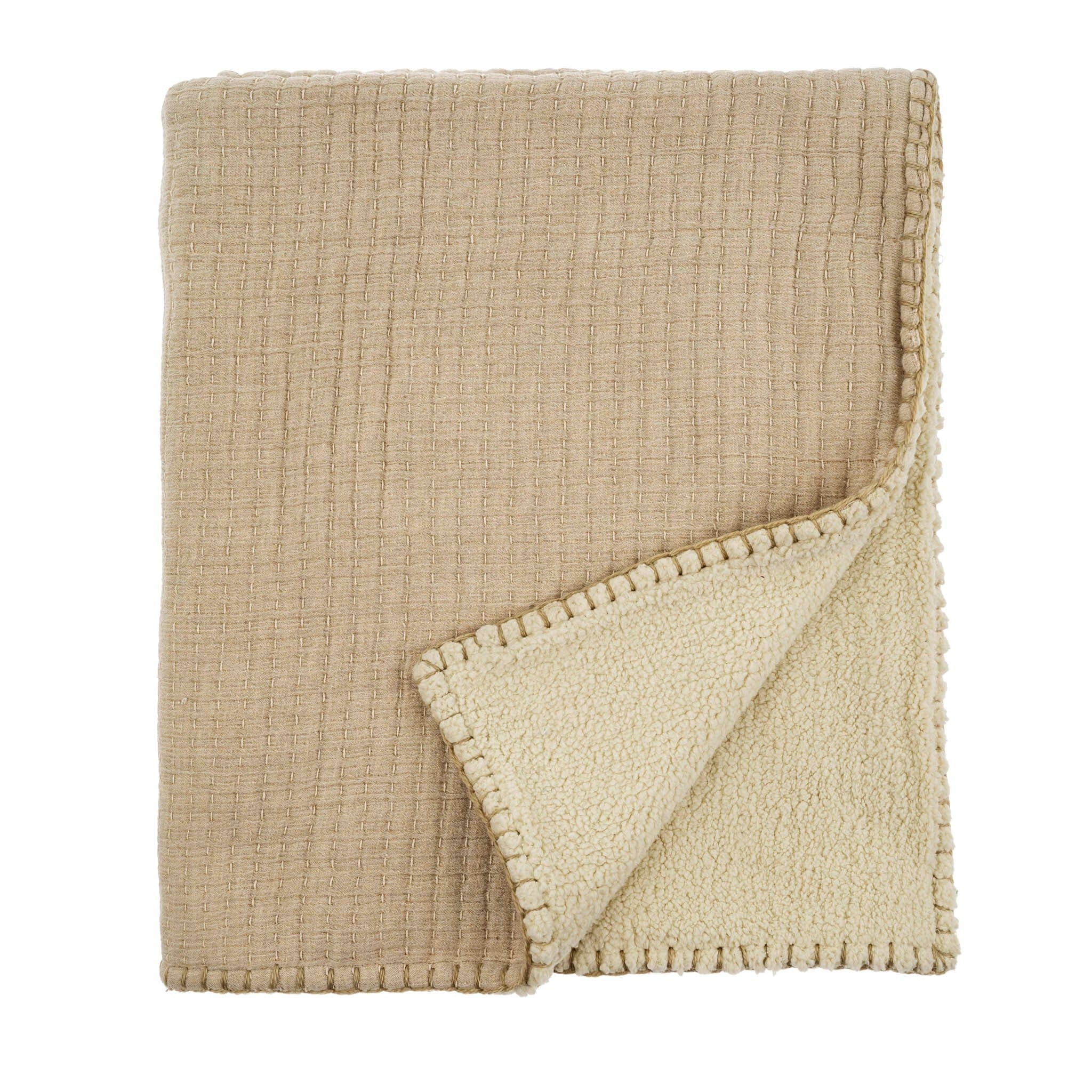 Kantha-Stitch Sherpa Throw - Natural