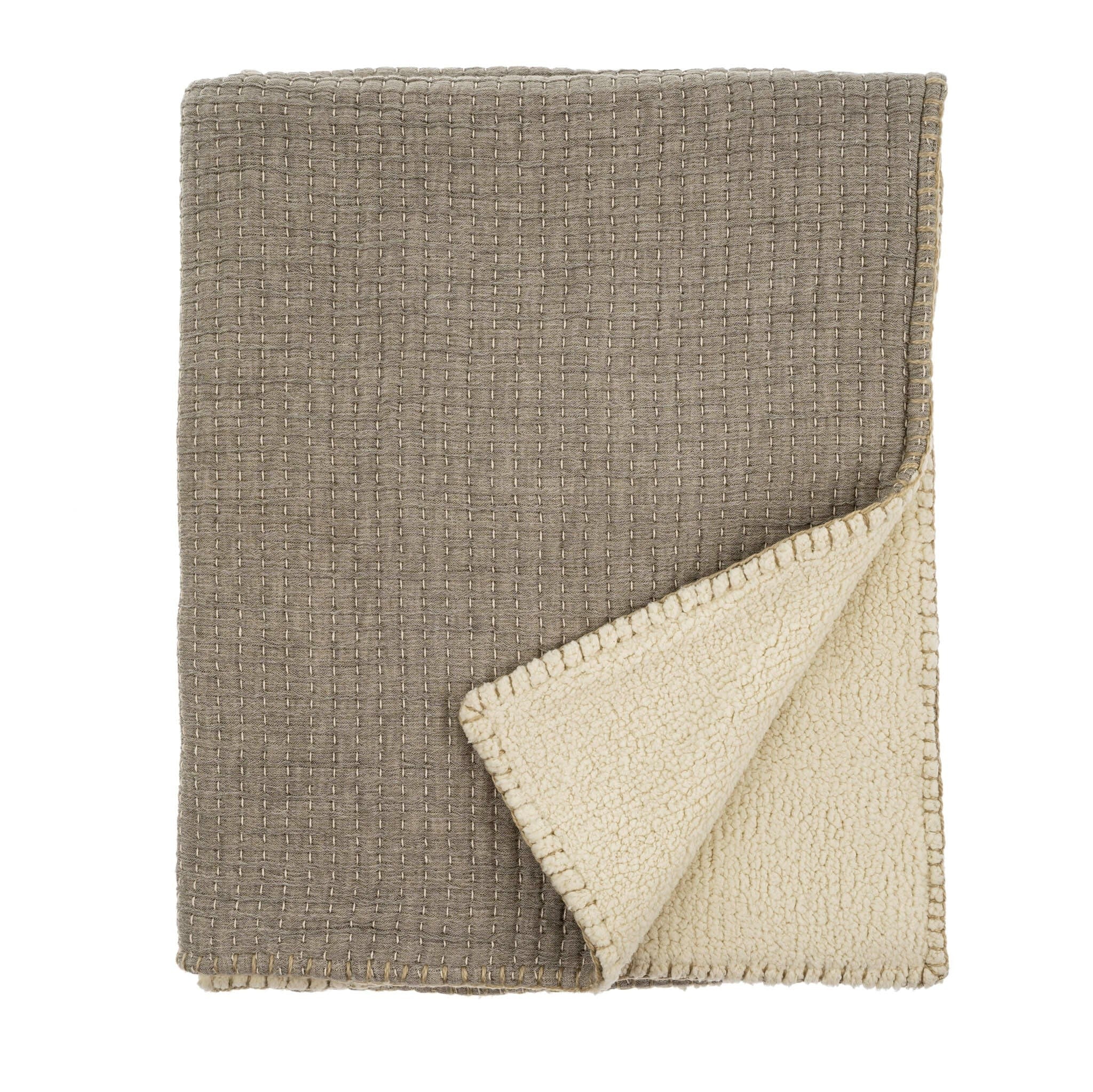 Kantha-Stitch Sherpa Throw - Charcoal