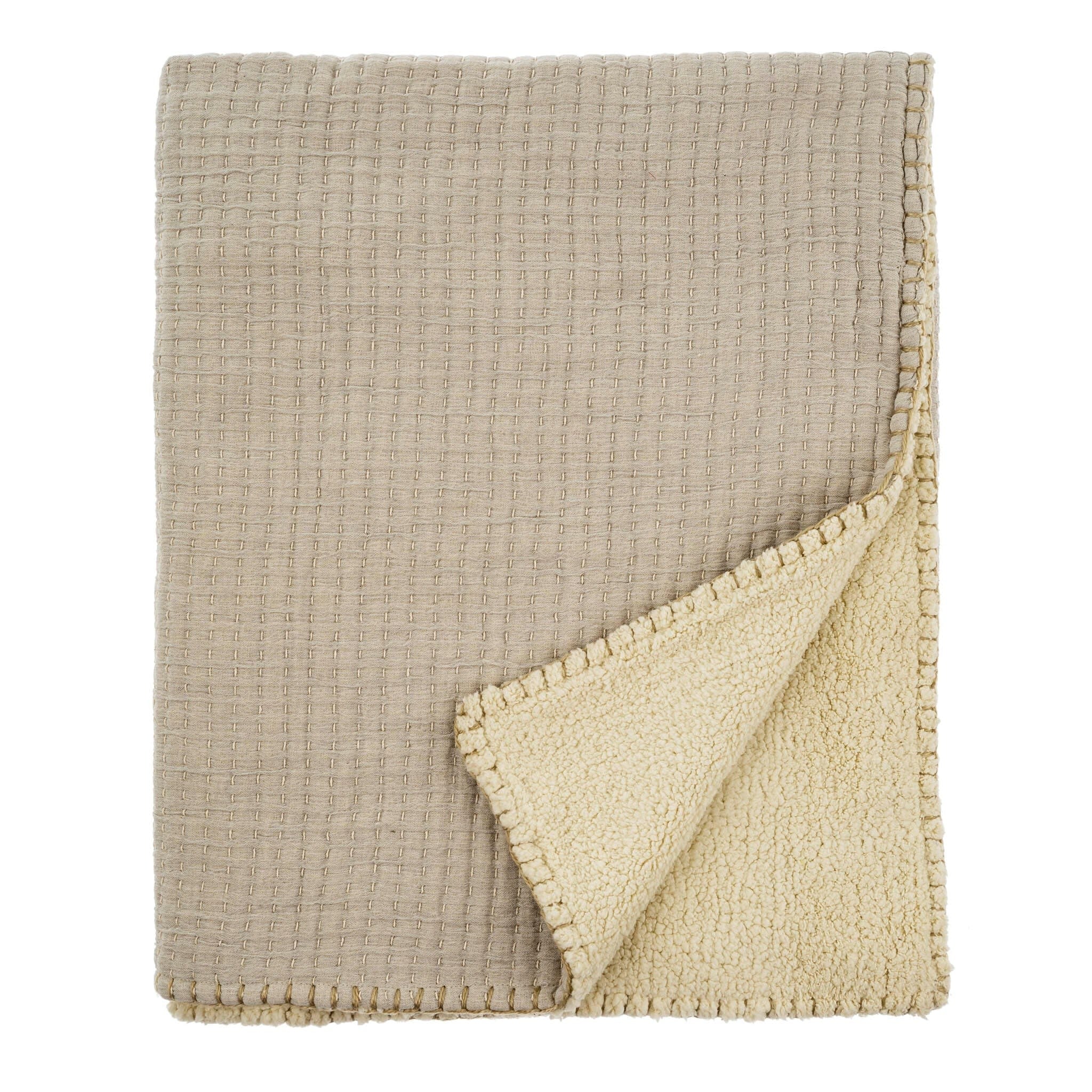Kantha-Stitch Sherpa Throw - Stone