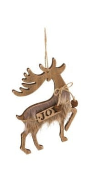 Deer/Joy Ornament w/Faux Fur, Brown
