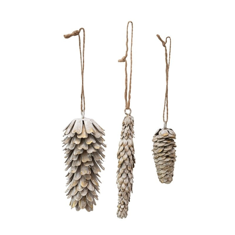 SET OF 3 METAL PINECONE ORNAMENT IN ANTIQUE WHITE