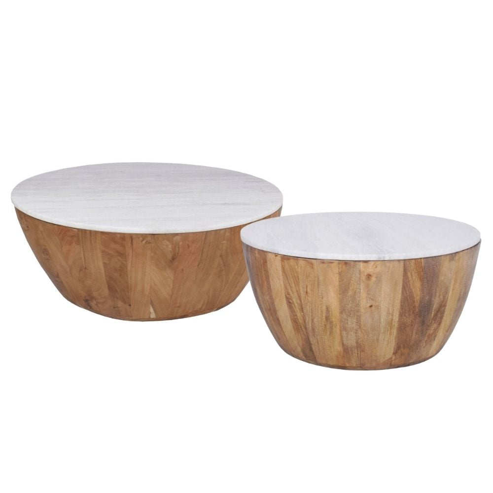 Cecile Mango Wood Drum Coffee Table With Marble Top