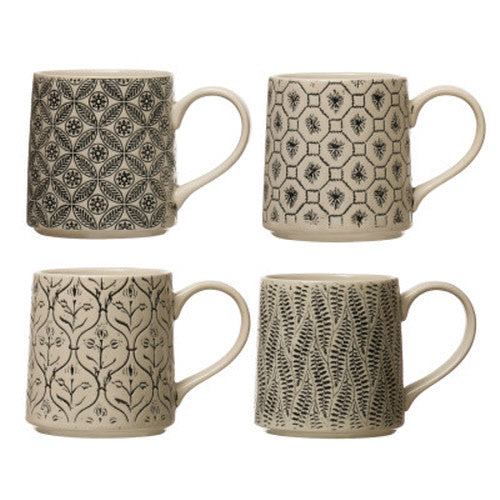 Stoneware Mug w/ Embossed Pattern - Black & Cream (4 Styles)