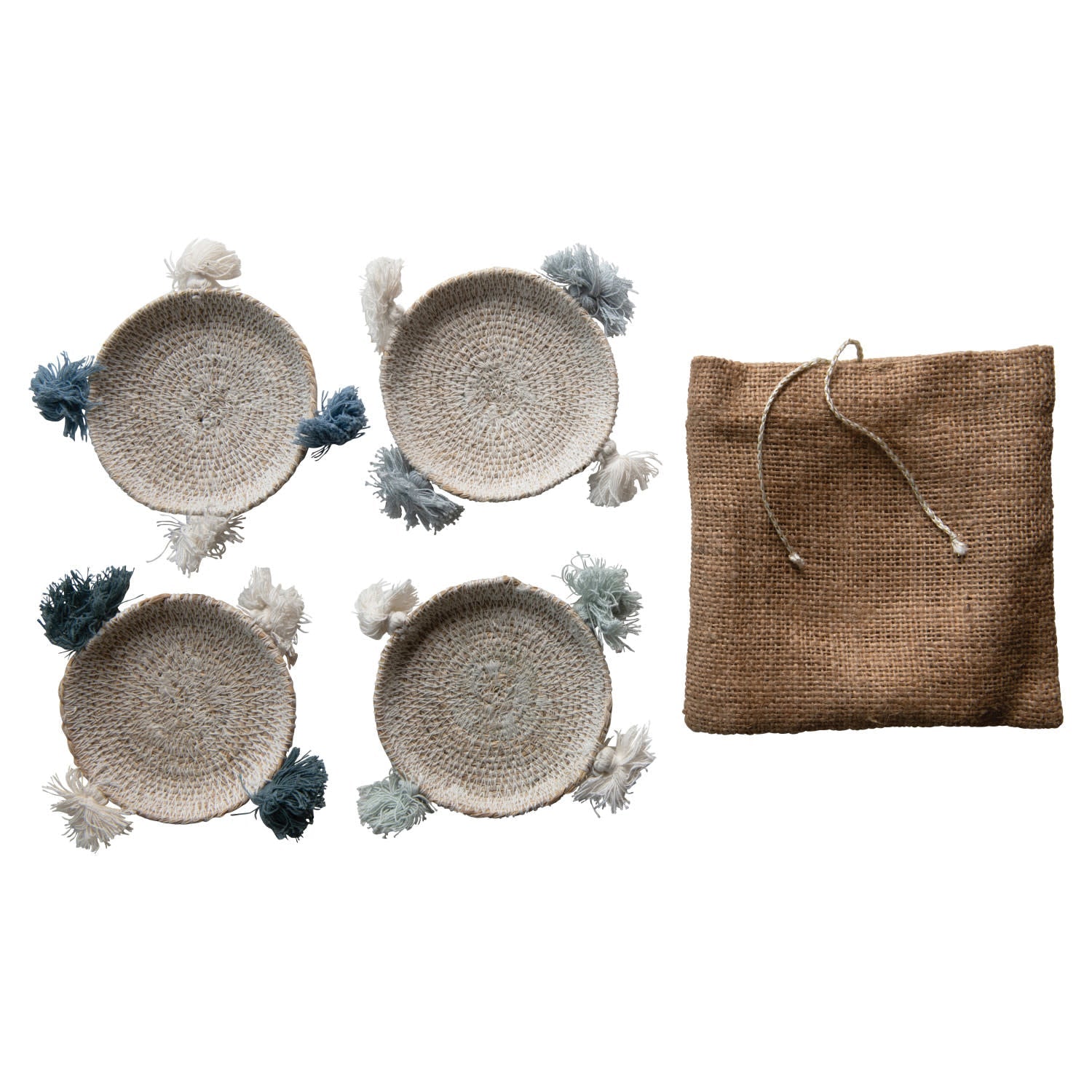 4 Hand-Woven Seagrass Coasters with Tassels