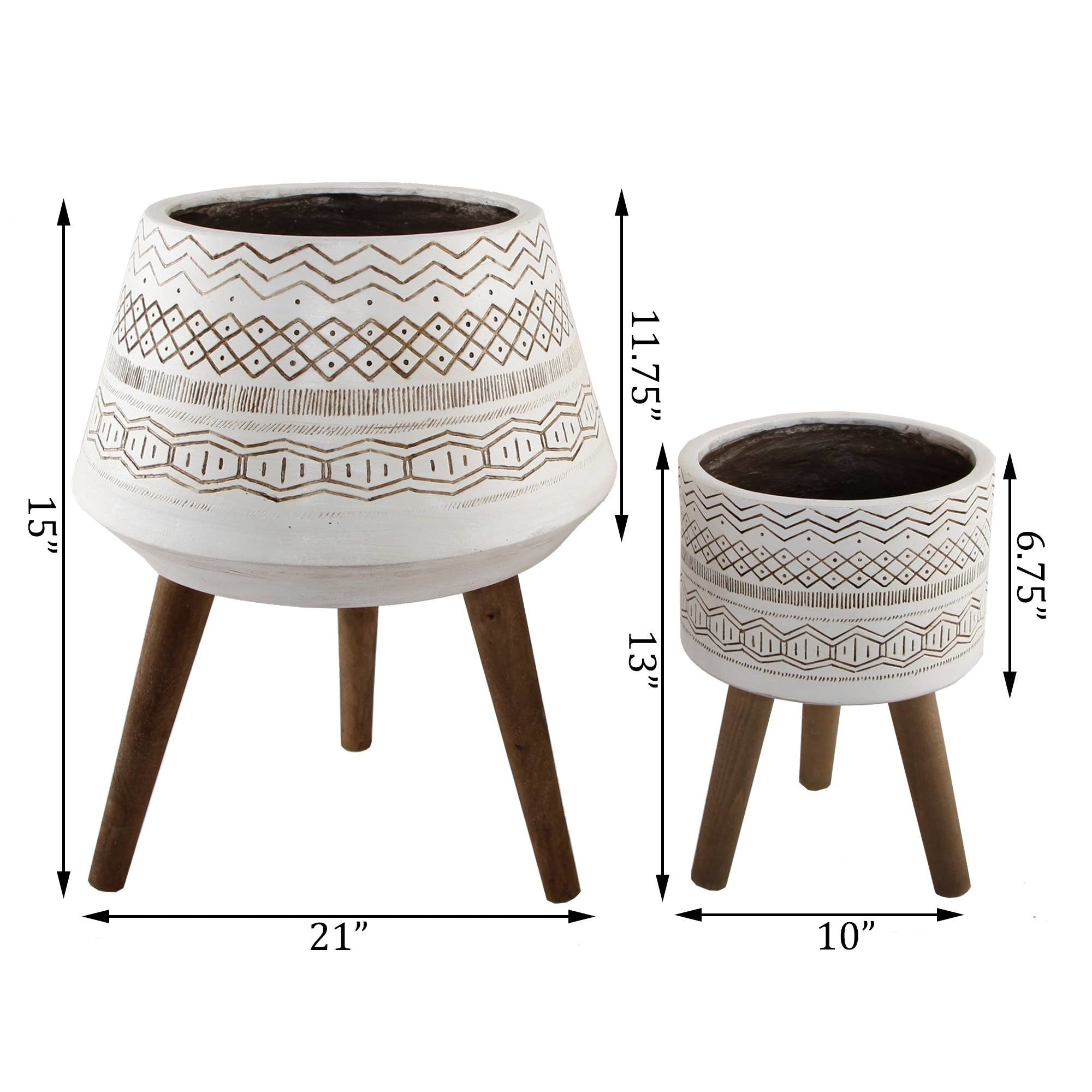 Tribal Fiberglass Plant Pot on Wood Stand - Large