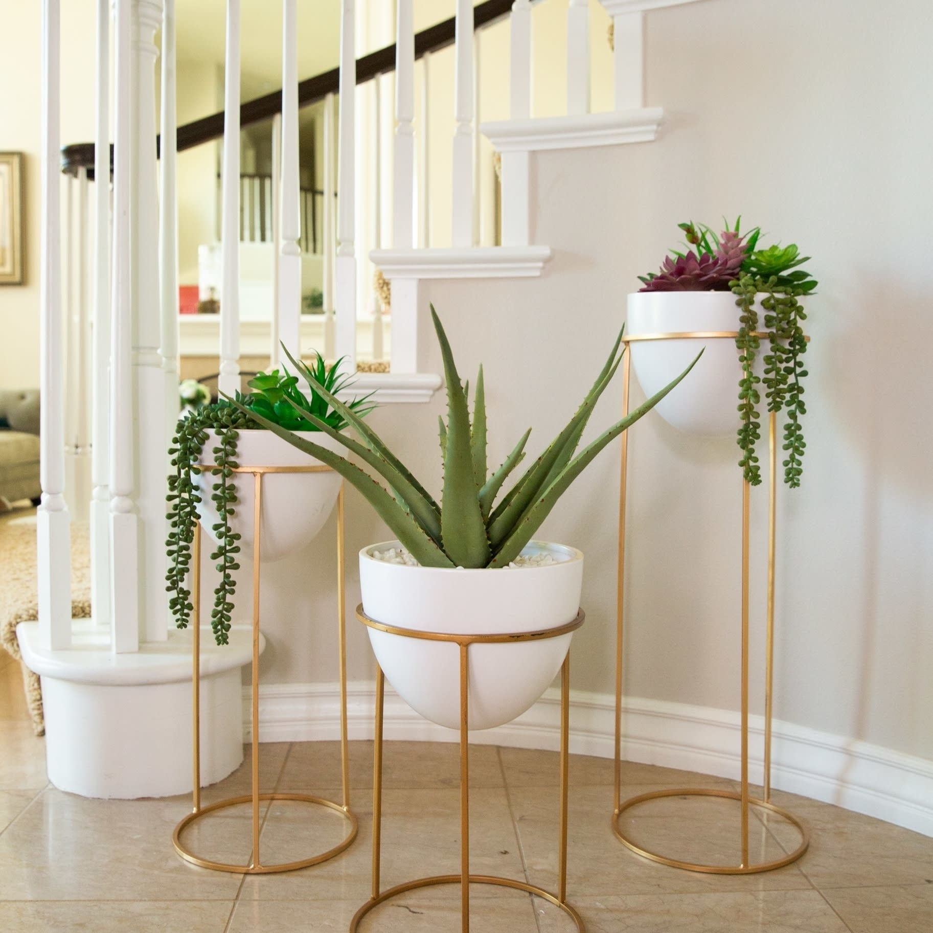 Matte White Ceramic Pot on Gold Stand - Medium