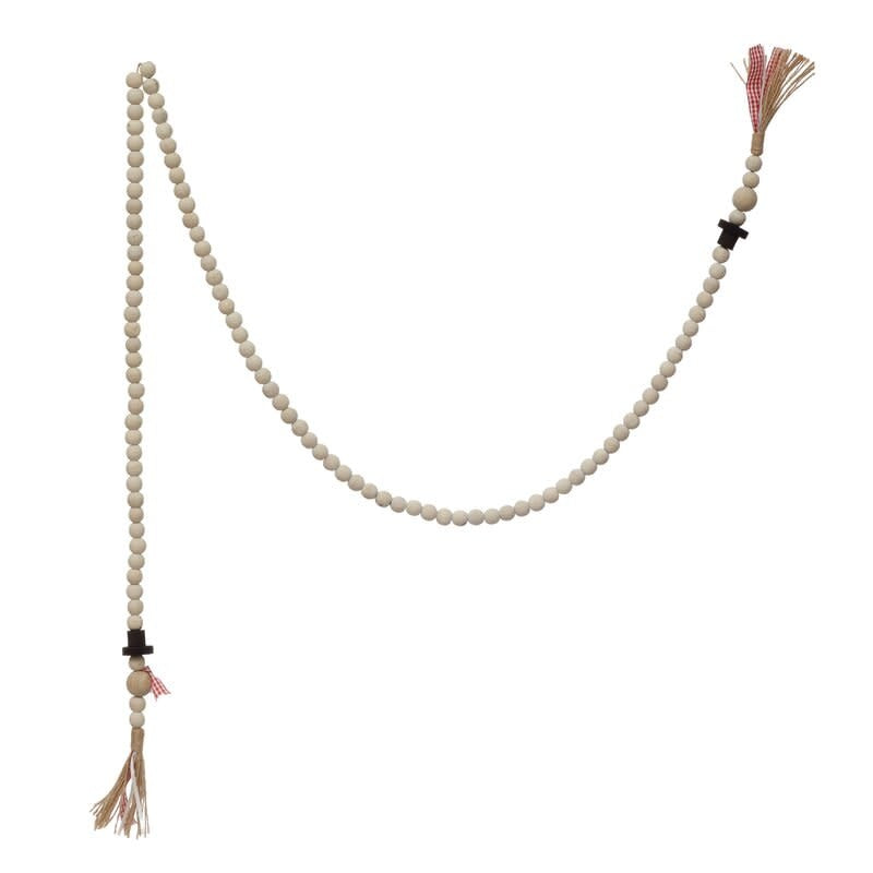 PAULOWNIA WOOD BEAD GARLAND W/ SNOWMAN, JUTE & RIBBON TASSELS, NATURAL