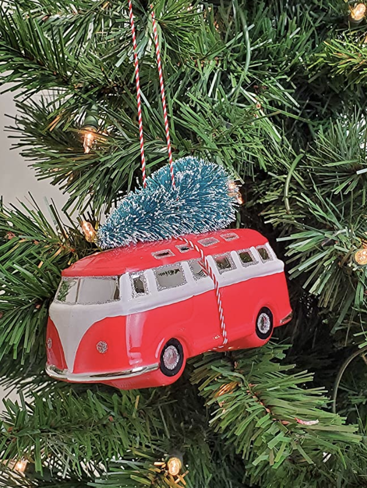 Hand-Painted Glass Van Ornament w/ Bottle Brush Tree