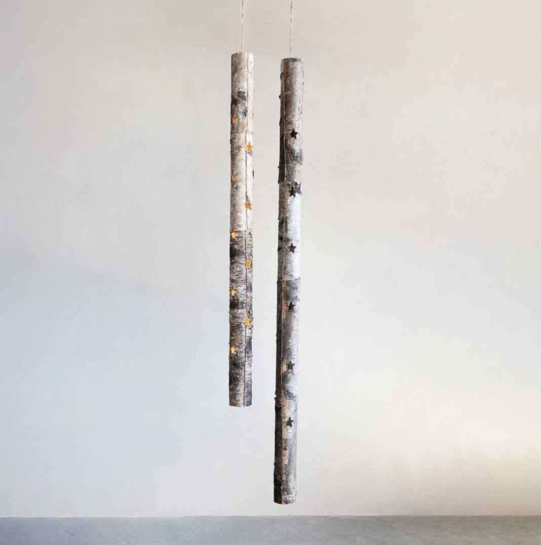 Hanging Birch Bark Tube w/ Star Cutouts & LED Lights - 60"
