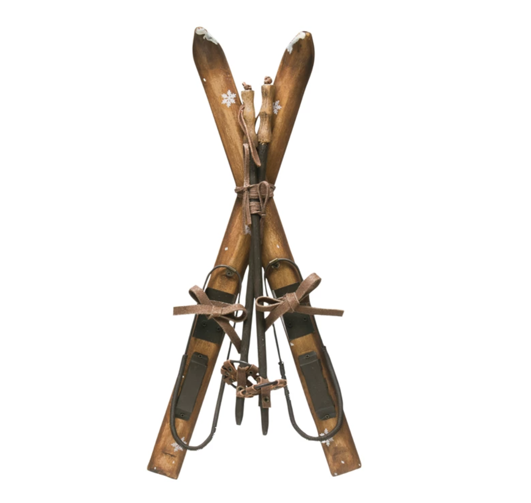 WOOD SKIS W/ POLES WALL DECOR