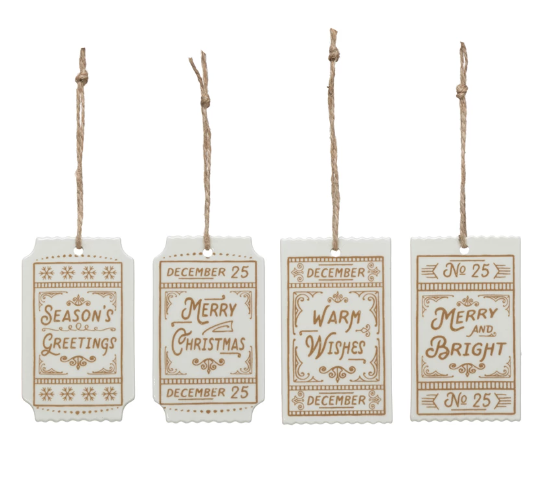 Stoneware Xmas Tag - Tan/White