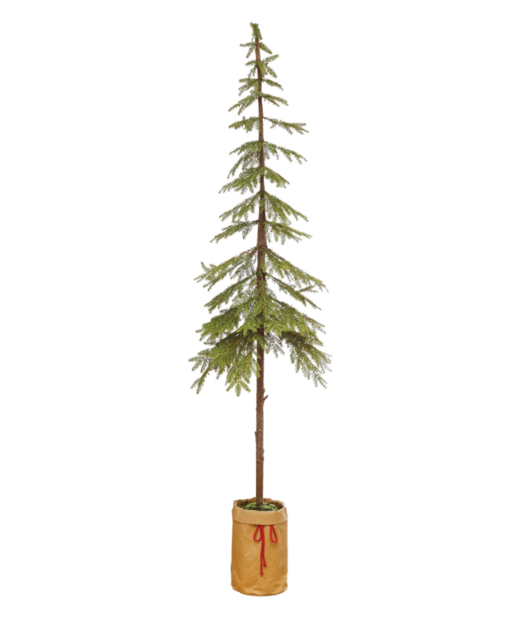 FAUX POLE PINE TREE IN PAPER SACK W/ RED TIE, 81"H