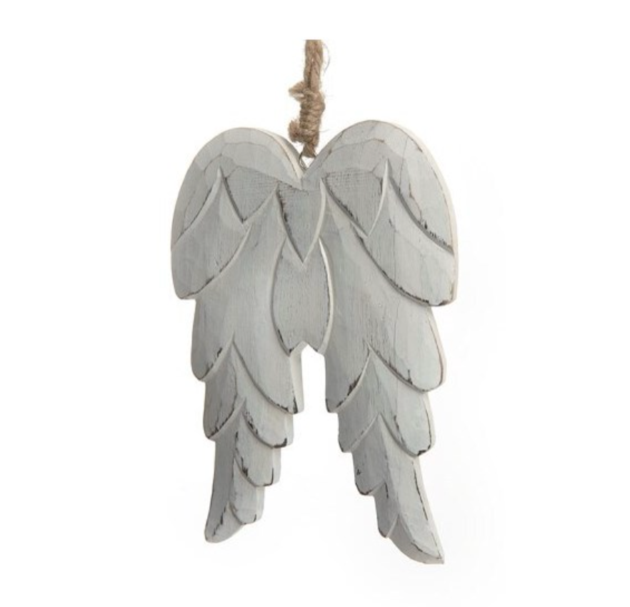 Wood Angel Wings Ornament - White Wash