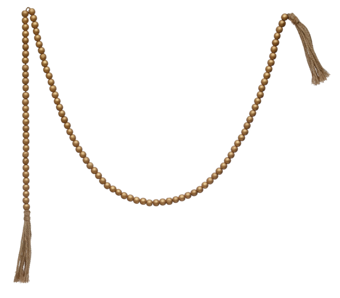 PAULOWNIA WOOD BEAD GARLAND W/ JUTE TASSEL, GOLD FINISH