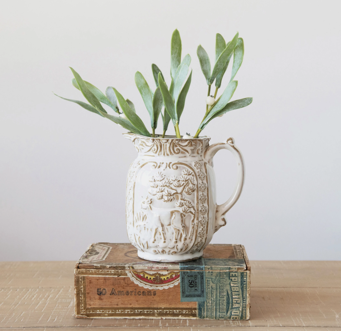 Embossed Reactive Glaze Stoneware Pitcher w/ Deer