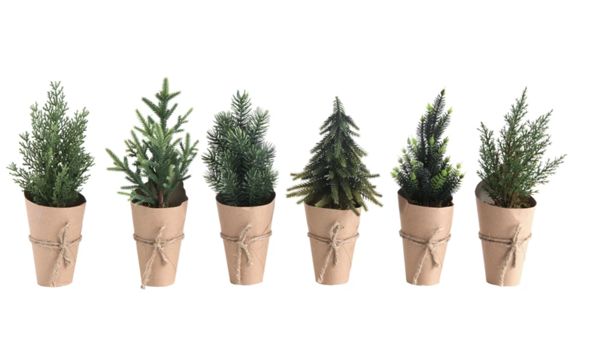 Mini Faux Pine Tree w/ Paper Wrapped Pot (6 Styles)