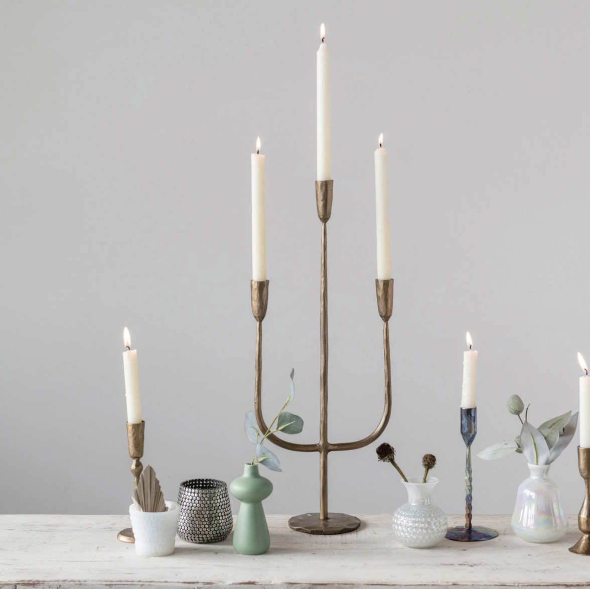 ANTIQUE BRASS HAND-FORGED METAL CANDELABRA