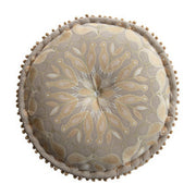Embroidered Pouf w/ Pom Poms - Beige & Cream