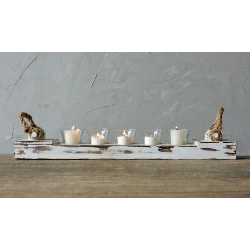 WOOD VOTIVE HOLDER W/ 5 GLASS CUPS, DISTRESSED WHITE