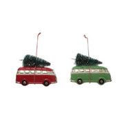 Hand-Painted Glass Van Ornament w/ Bottle Brush Tree