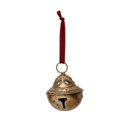 Embossed Gold Sleigh Bell w/ Velvet Ribbon
