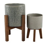 Sunburst Ceramic Planter On Wood Stand - Small
