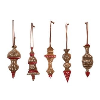 6-1/2"H HAND-PAINTED ENAMELED CARVED MANGO WOOD ORNAMENT, RED & WHITE