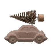3-1/4"L X 1-1/2"W X 2-1/2"H FLOCKED RESIN VINTAGE CAR W/ BOTTLE BRUSH TREE, PINK