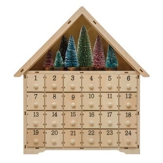 15-1/4"L X 16-1/2"H WOOD HOUSE ADVENT CALENDAR W/ 24 BOXES & 7 BOTTLE BRUSH TREES, SET OF 8