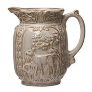 Embossed Reactive Glaze Stoneware Pitcher w/ Deer